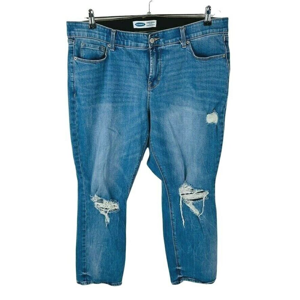 Old Navy Womans Sz 18 Power Straight Jeans Blue Pockets Distressed Comfort Waist - Picture 1 of 7